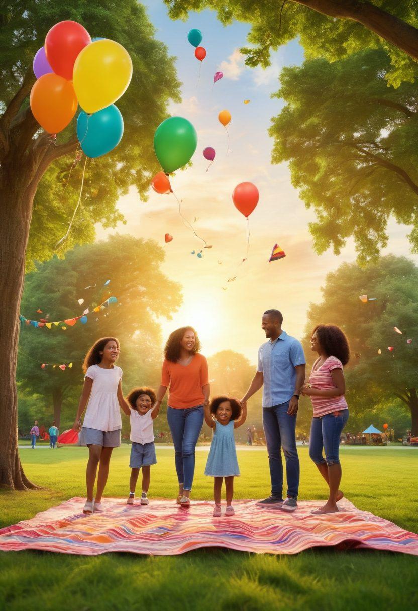 A heartwarming scene of a diverse family playing together in a vibrant park, engaging in various activities such as flying kites, playing catch, and having a picnic, showcasing smiles and laughter. The background features lush green trees and a colorful sunset, emphasizing a joyful atmosphere. Include playful decorations like balloons and a picnic blanket. vivid colors. super-realistic.