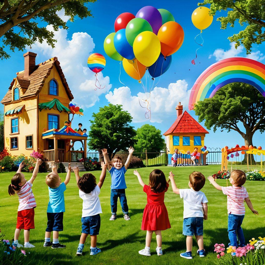 A joyful scene of children engaged in a variety of imaginative play activities, such as painting, building a fort, and puppetry, with bright colors and playful expressions. Surrounding them, whimsical elements like balloons, bubbles, and a colorful rainbow enhance the sense of creativity and happiness. The background features a sunny park with green grass and blooming flowers to evoke a cheerful atmosphere. vibrant colors. super-realistic.