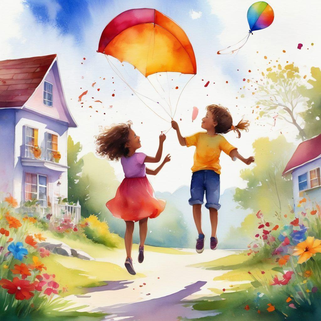 A whimsical scene depicting children and adults engaging in various creative play activities, surrounded by colorful toys, art supplies, and nature. Incorporate laughter and joy bubbling from the characters, emphasizing the spirit of fun and recreation. Use bright, inviting colors and soft, playful textures to evoke a sense of endless creativity. Include elements like kites flying, paints splattering, and laughter echoing in the air. vibrant colors. playful watercolor style.